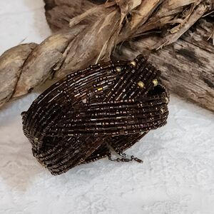 Brown, Bronze and Gray Braided Twisted Beaded Cuff Bracelet
